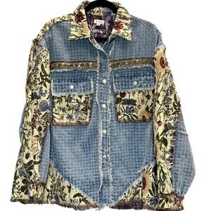 POL – Floral Tapestry Denim Beaded Shacket – Denim Multi – Size Medium